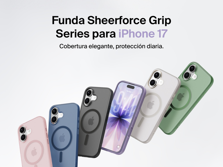 Belkin SheerForce Grip Series protective case for iPhone 17 shown in pink, clear, and black with slim design and MagSafe compatibility.