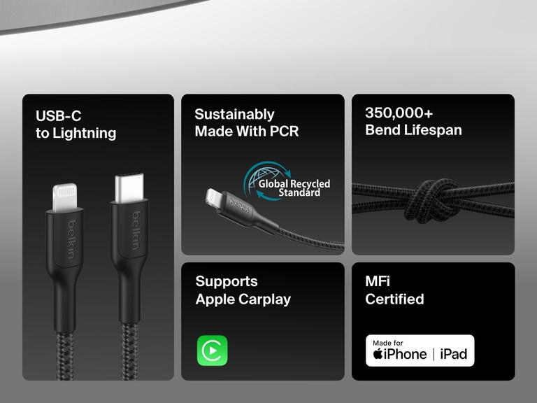 Belkin BoostCharge Pro USB-C Braided Cable with Lightning Connector features a durable design with 350,000+ bend lifespan, post-consumer recycled materials, Apple CarPlay support, and MFi certification for iPhone and iPad.