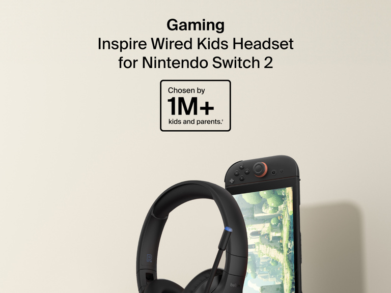 Image showing the Belkin Gaming Inspire Wired Kids Headset for Nintendo Switch 2 next to the handheld console, with a badge stating “Chosen by 1M+ kids and parents."