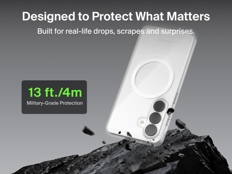 Belkin SheerForce Clear Series Case for Samsung Galaxy S26 shown protecting a phone during impact, highlighting slim design with 13 ft / 4 m military-grade drop protection and built-in Qi2 wireless charging support.