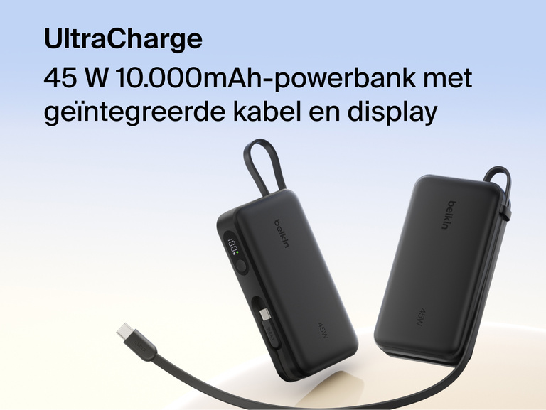 Belkin UltraCharge 10K 45W power bank with integrated cable and digital display showing battery level, designed for fast portable charging.