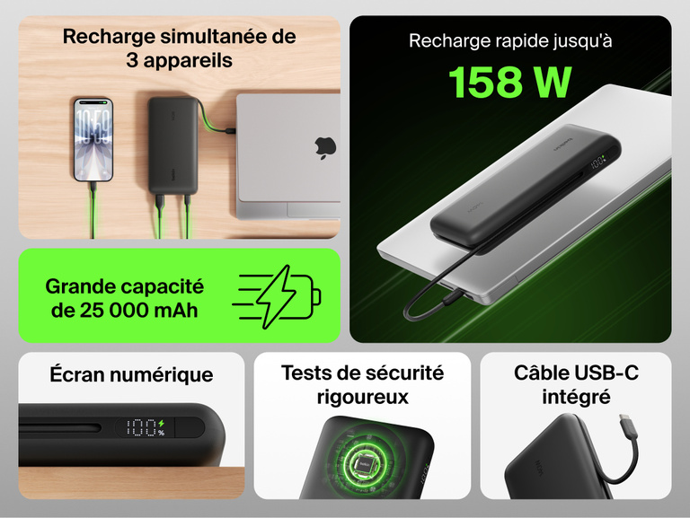 Belkin UltraCharge Pro Laptop Power Bank 25K charging multiple devices with integrated USB-C cable, 25,000 mAh capacity, up to 158W fast charging and digital display