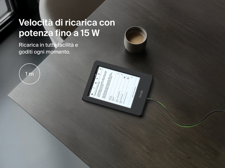 Top-down view of a Kindle charging with the Belkin BoostCharge USB-C to Micro-USB Braided Cable 15W, emphasizing 1-meter length and up to 15W charging speed.