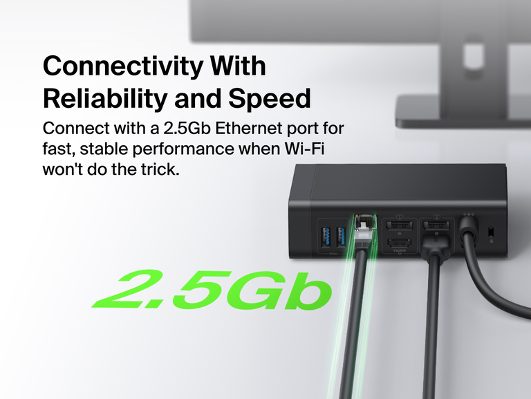 Close-up of the Connect 15-Port Triple Display USB-C Dock's rear ports connected to an Ethernet cable and monitors, highlighting the 2.5Gb Ethernet port for reliable wired connectivity