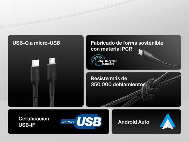 Feature callout graphic of the Belkin BoostCharge USB-C to Micro-USB Braided Cable 15W showcasing USB-IF certification, 350,000+ bend lifespan, PCR materials, and Android Auto compatibility.