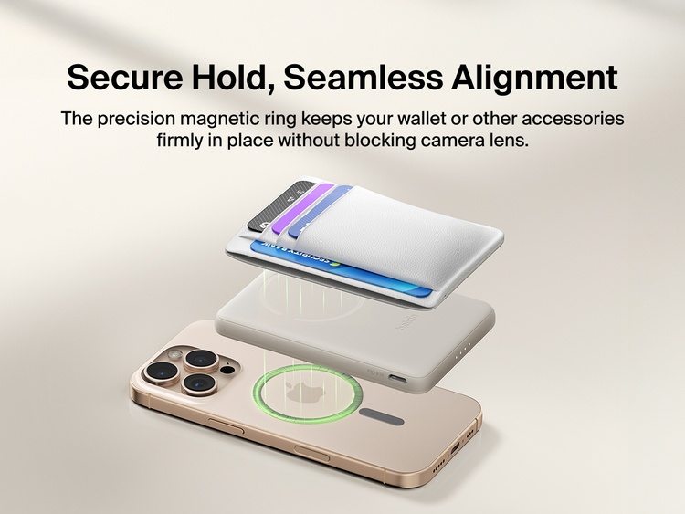 Belkin BoostCharge Slim Magnetic Power Bank 5K shown magnetically aligned between a smartphone and wallet accessory, demonstrating precise magnetic ring for secure attachment and camera-safe design.