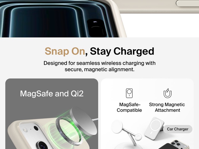 Belkin ScreenForce Protect Series Case for iPhone 17 with raised edges for screen and camera protection, designed for seamless magnetic wireless charging.