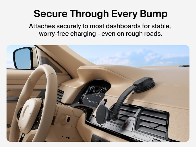 Belkin BoostCharge Magnetic Wireless Charging Car Vent and Dash Mount shown secured to a car dashboard with gel adhesive, highlighting compatibility with vegan leather, wood, plastic, and metal surfaces.