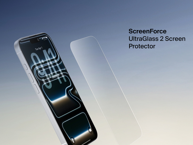 Belkin ScreenForce UltraGlass 2 Screen Protector shown next to an iPhone for durable, edge-to-edge screen protection.