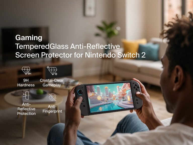 A person sits on a couch in a cozy living room playing a game on a Nintendo Switch 2, which features a vivid, colorful game scene. Text on the left promotes a Belkin Gaming tempered glass anti-reflective screen protector for the device, highlighting features like 9H hardness, crystal-clear gameplay, anti-reflective protection, and anti-fingerprint resistance.