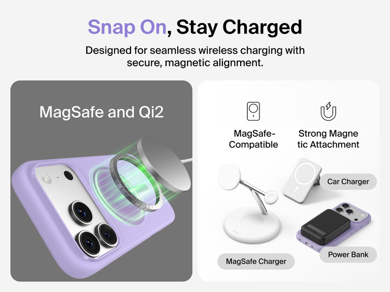 Belkin ScreenForce Protect Series Case for iPhone 17 with raised edges for screen and camera protection, designed for seamless magnetic wireless charging.