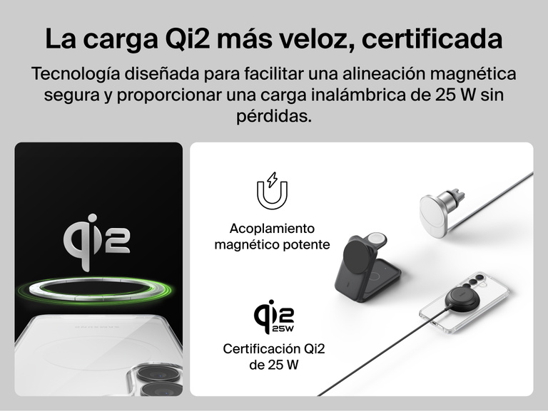 Belkin SheerForce Clear Series Case for Samsung Galaxy S26 shown supporting Qi2-certified 25W wireless charging with secure magnetic alignment for fast, efficient, and reliable charging.