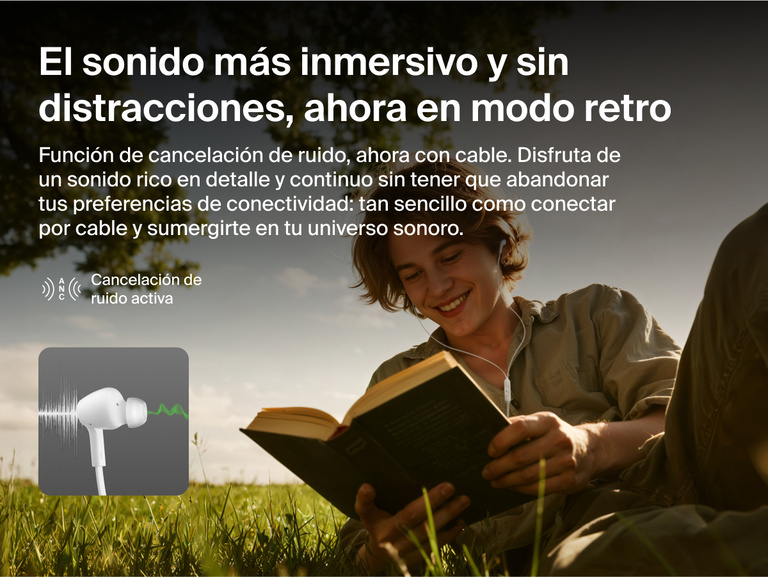 Belkin SoundForm ANC Wired Earbuds with USB-C® provide active noise cancellation for rich, uninterrupted sound while reading or relaxing outdoors.