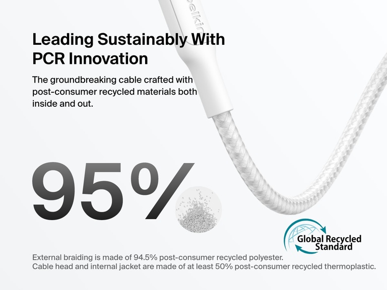 Belkin BoostCharge Pro USB-C Braided Cable with Lightning Connector is crafted with up to 95% post-consumer recycled materials, meeting Global Recycled Standard for sustainable design.