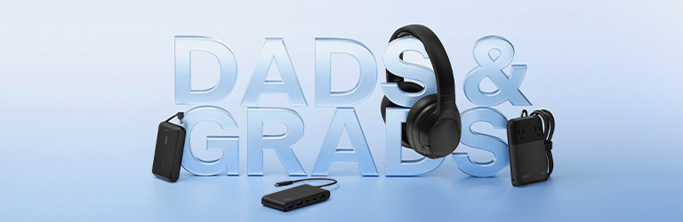 Belkin Dads & Grads gift guide banner featuring premium tech accessories including over-ear headphones, a power bank, and a USB-C hub against a blue gradient background.