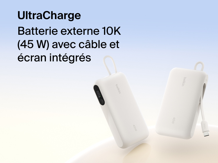 Belkin UltraCharge 10K 45W power bank with integrated cable and digital display showing battery level, designed for fast portable charging.