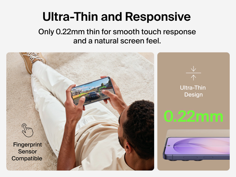 Belkin ScreenForce Titan SmartShield Anti-Reflective Screen Protector for Samsung Galaxy S26 highlighting ultra-thin 0.22 mm design with smooth touch response and fingerprint sensor compatibility for a natural screen feel.