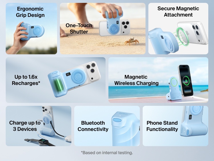 Belkin Stage PowerGrip shown in multiple lifestyle and product views highlighting ergonomic grip design, magnetic wireless charging, Bluetooth connectivity, phone stand functionality, and ability to charge up to three devices.