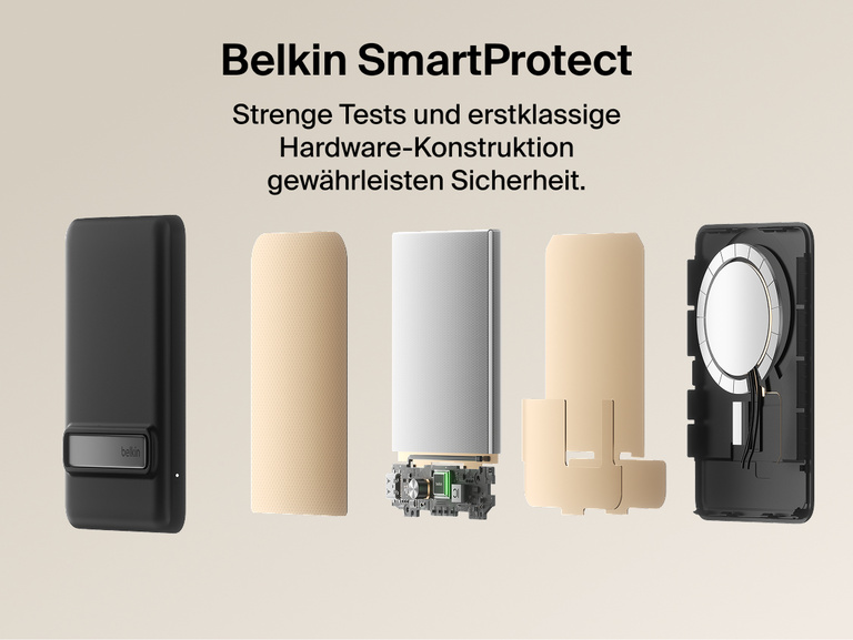 Belkin BoostCharge Slim Magnetic Power Bank 5K with Qi2 shown made with at least 85 percent post-consumer recycled plastic for a more sustainable portable charging solution.