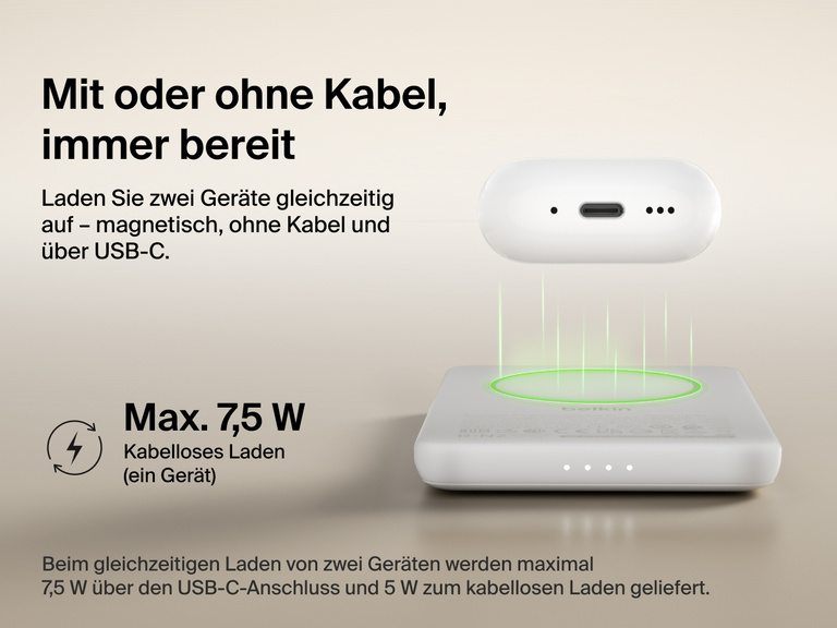 Belkin BoostCharge Slim Magnetic Power Bank 5K shown wirelessly charging earbuds, demonstrating 7.5W max magnetic wireless charging for single-device power.