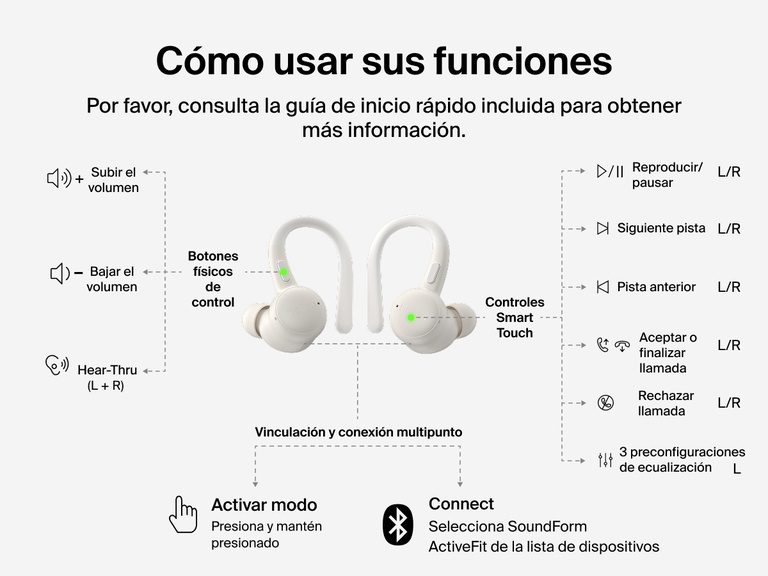 Belkin SoundForm ActiveFit Wireless Earbuds with physical button and smart touch controls for volume, playback, calls, EQ presets, and multipoint pairing.