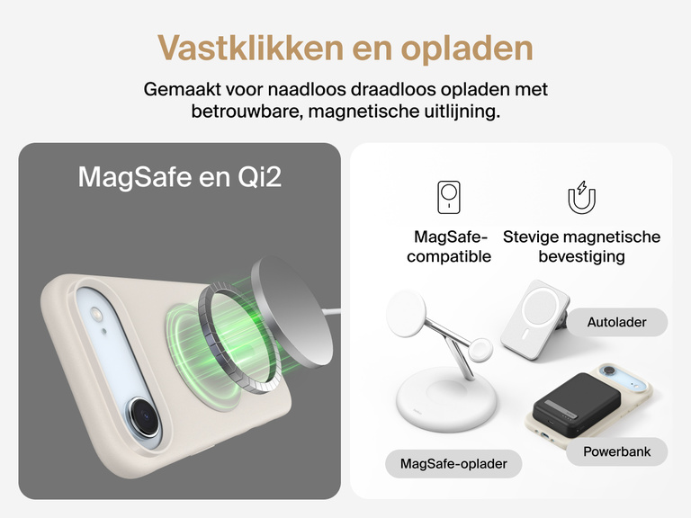 Belkin ScreenForce Protect-hoesje voor de iPhone 17, met opstaande randen ter bescherming van het scherm en de camera en dat gemaakt is ter ondersteuning van naadloos magnetisch draadloos opladen.