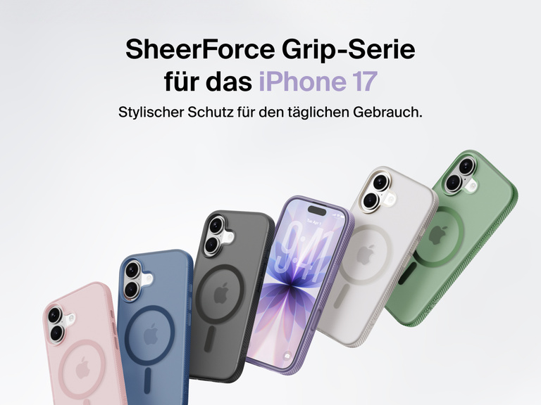 Belkin SheerForce Grip Series protective case for iPhone 17 shown in pink, clear, and black with slim design and MagSafe compatibility.
