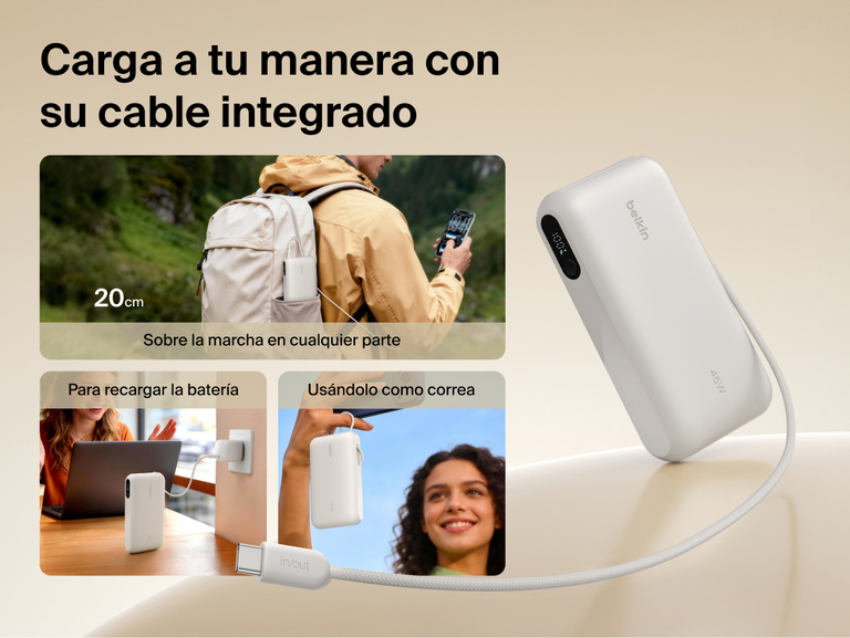 Belkin UltraCharge 20K 45W power bank with integrated USB-C cable for on-the-go charging, easy recharging, and convenient carry strap functionality