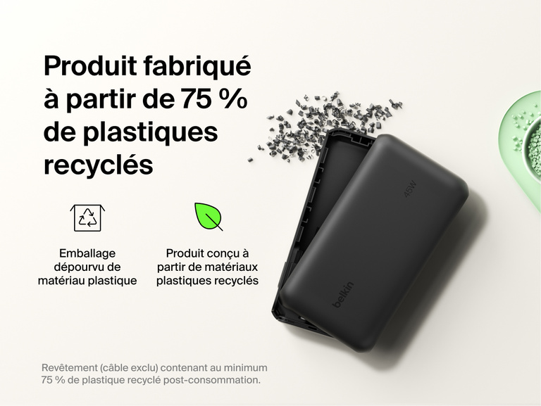 Belkin UltraCharge 20K 45W power bank with integrated cable made with recycled materials and plastic-free packaging for a more sustainable charging solution