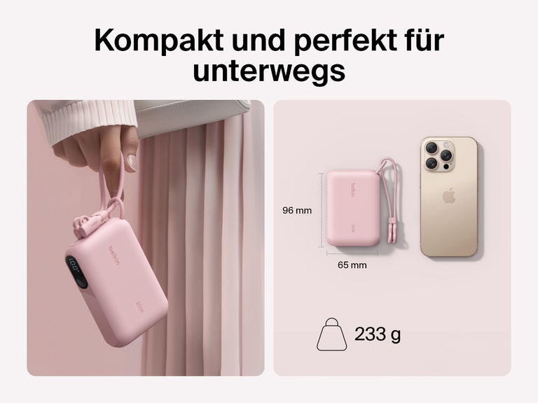 Die Belkin BoostCharge Powerbank 10K mit Display wird in einer Hand und neben einem Smartphone gezeigt, um das kompakte Design für unterwegs mit 96 x 65 mm und dem leichten Gewicht von 233 g zu veranschaulichen.