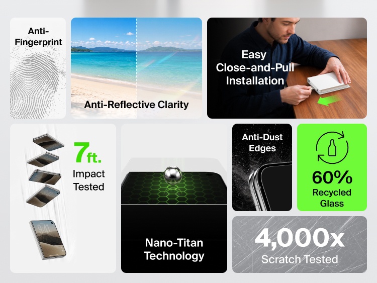 Belkin Titan SmartShield Anti-Reflective Screen Protector for iPhone Duo (External Screen) features anti-fingerprint and anti-reflective clarity, Nano-Titan technology, 7-foot impact testing, 4,000 scratch tests, anti-dust edges and easy installation.