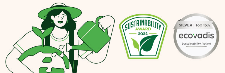 Illustration of a woman holding a watering can and a plant-covered Earth, next to the 2024 Sustainability Award badge and the EcoVadis Silver Sustainability Rating badge (Top 15%). Represents Belkin’s environmental commitment.
