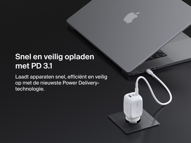BoostCharge Pro 3-Port GaN Wall Charger 100W connected to a laptop, showcasing USB-C PD 3.1 technology for fast, efficient, and secure Power Delivery charging.