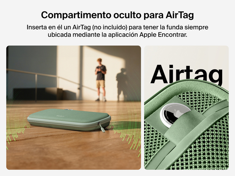 Belkin Gaming Travel Case for Nintendo Switch 2 shown with a hidden AirTag compartment, allowing tracking via Apple Find My (AirTag not included).