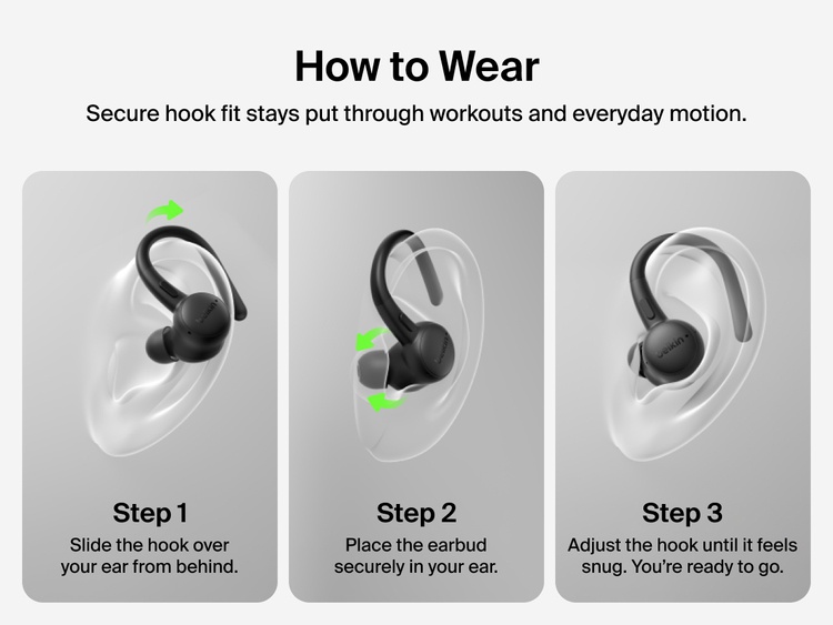 Belkin SoundForm ActiveFit Wireless Earbuds with secure hook design, shown in a step-by-step guide for wearing during workouts and daily use.