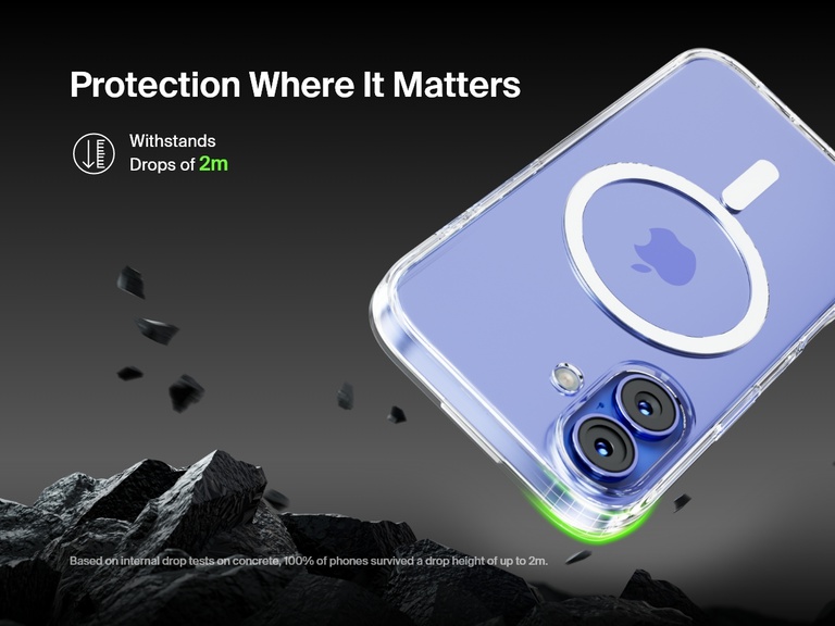 A SheerForce™ Magnetic iPhone Case falling onto a rocky surface, emphasizing its 2-meter drop protection. The text highlights the case's durability and ability to withstand drops from up to 2 meters, based on internal drop tests on concrete. The image conveys a rugged, protective design, ensuring enhanced impact resistance for your iPhone.