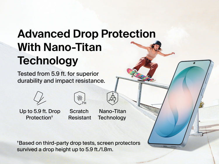 Belkin ScreenForce Titan EcoGuard Red Light Screen Protector for Samsung Galaxy S26 featuring Nano-Titan technology with scratch resistance and up to 5.9-foot drop protection for durable, everyday screen defense.
