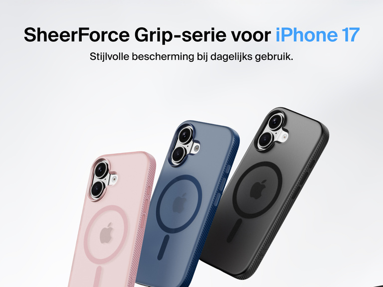 Belkin SheerForce Grip Series protective case for iPhone 17 shown in pink, clear, and black with slim design and MagSafe compatibility.