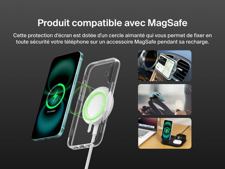 A promotional image showcasing the SheerForce™ Magnetic iPhone Case's MagSafe compatibility. The image highlights how the case securely attaches to MagSafe accessories, including car mounts, phone stands, and wireless charging docks, ensuring a seamless and efficient charging experience. The transparent case features a built-in magnetic ring for a strong connection to MagSafe-enabled devices.