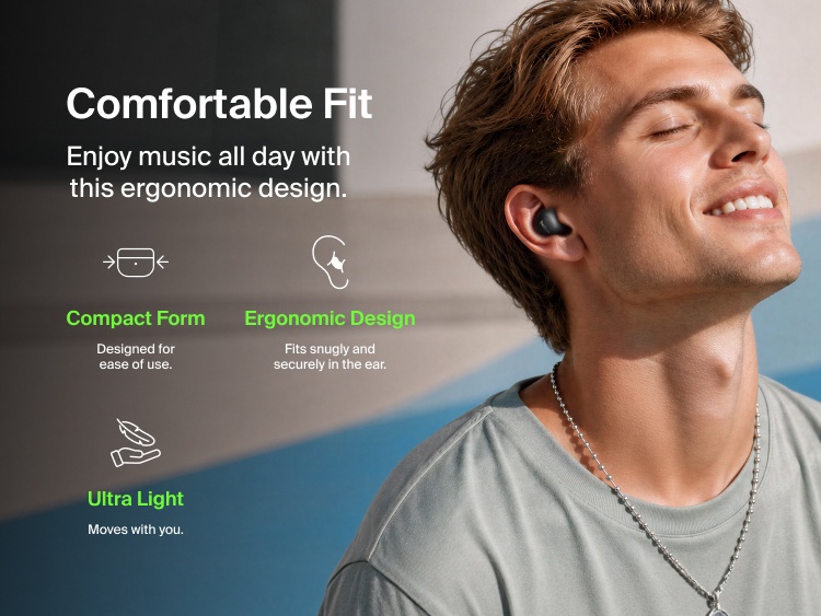 Person wearing a SoundForm Dot ANC Noise-Cancelling Earbud outdoors, illustrating the compact, ultra-light, ergonomic fit designed to sit snugly and securely in the ear