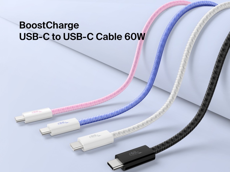 Image showing four color options (pink, blue, white, black) of the Belkin BoostCharge USB-C to USB-C Cable 60W, a fast-charging braided cable designed for USB-C devices.