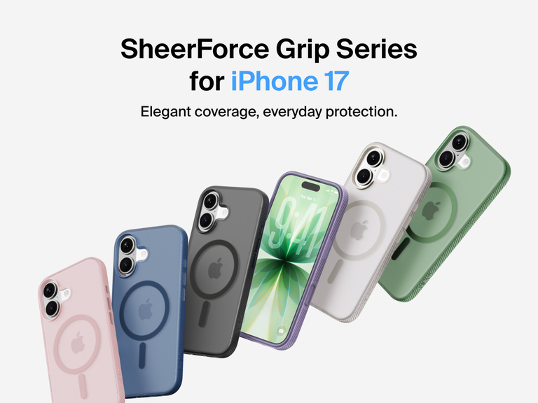 Belkin SheerForce Grip Series protective case for iPhone 17 shown in pink, clear, and black with slim design and MagSafe compatibility.