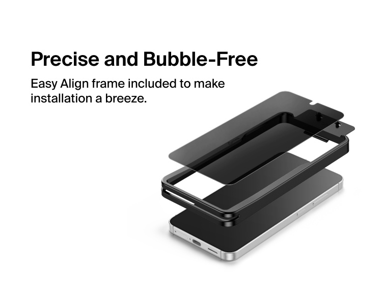 Belkin ScreenForce Titan EcoGuard Privacy Filter Screen Protector for Samsung Galaxy S26 shown with an Easy Align frame for precise, bubble-free installation and secure full-screen coverage.