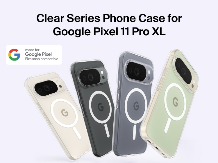 Belkin Clear Series Case for Google Pixel 11 showcased in multiple color options with Qi2 25W magnetic charging compatibility, military-grade drop protection, Nano-Titan technology, anti-yellowing coating, and recycled materials.