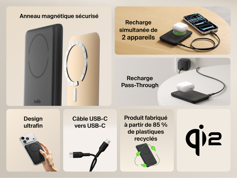 Belkin BoostCharge Slim Magnetic Power Bank 5K with Qi2 shown highlighting secure magnetic attachment, ultra-slim design, dual-device charging, USB-C connectivity, pass-through charging, and sustainability features.