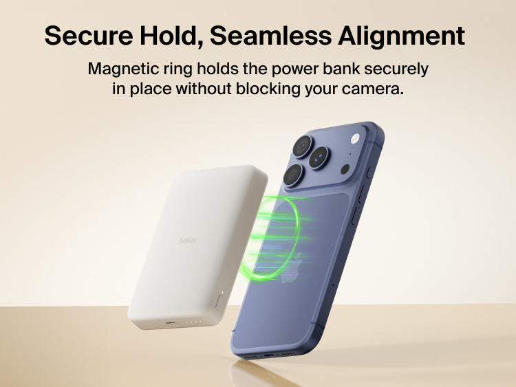 Belkin BoostCharge Slim Magnetic Power Bank 10K magnetically aligning to a smartphone for secure hold and wireless charging without blocking the camera