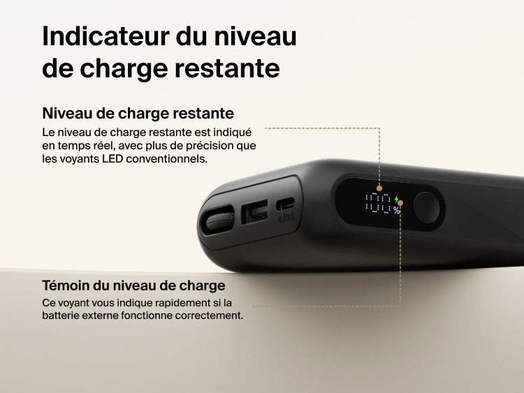 Belkin UltraCharge 10K power bank with integrated USB-C cable and digital display showing real-time battery percentage and charging status