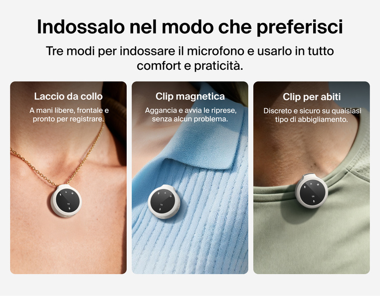 Image showing Belkin Stage Creator Kit wireless microphone worn three ways&mdash;on a necklace loop, magnetic clip, or clothing clip&mdash;for hands-free, flexible recording and all-day comfort.