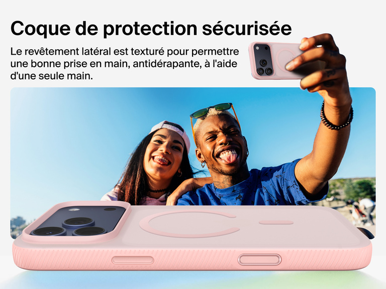 Belkin SheerForce Grip Series Case for iPhone 17 with military-grade drop protection and textured non-slip grip.