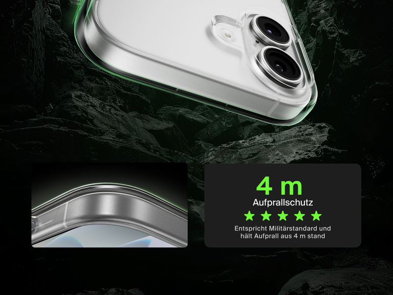 Belkin SheerForce Clear Series Case for iPhone 17 shown with 13-foot drop test and military-grade protection.